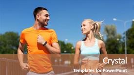  Presentation with lifestyle - Colorful slide deck enhanced with couple with fitness trackers running backdrop and a coral colored foreground