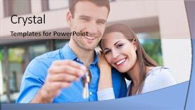  Presentation with new home - Slide deck having couple with keys to new background and a coral colored foreground