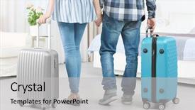  Presentation with luggage - Colorful theme enhanced with couple with luggage in hotel backdrop and a light gray colored foreground