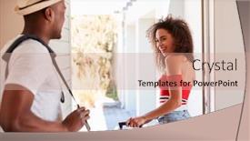  Presentation with luggage - Presentation theme featuring couple with luggage leaving home for vacation background and a coral colored foreground