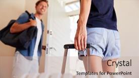  Presentation with luggage - Audience pleasing presentation theme consisting of couple with luggage leaving home backdrop and a soft green colored foreground