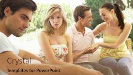  Presentation with friends - Audience pleasing PPT theme consisting of couple with problems amongst group of friends relaxing on sofa backdrop and a coral colored foreground