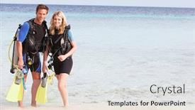  Presentation with scuba diving - Audience pleasing theme consisting of couple with scuba diving equipment enjoying beach holiday backdrop and a sky blue colored foreground