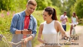  Presentation with lifestyle - Amazing PPT theme having couple with smartphone and bicycles backdrop and a  colored foreground