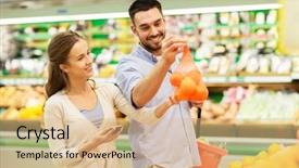  Presentation with grocery store - Beautiful slide deck featuring couple with smartphone buying orange backdrop and a coral colored foreground