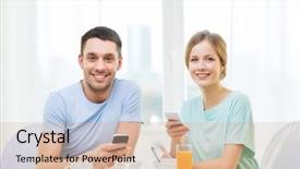  Presentation with food technology - Colorful presentation enhanced with couple with smartphones reading new backdrop and a  colored foreground