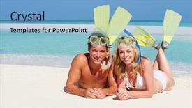  Presentation with holiday - Slide deck enhanced with swim goggles sand - couple with snorkels enjoying beach background and a light blue colored foreground