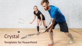  Presentation with club training - Audience pleasing theme consisting of couple with squash rackets indoor backdrop and a lemonade colored foreground