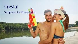  Presentation with guns - Presentation theme enhanced with couple with squirt guns hugging background and a  colored foreground