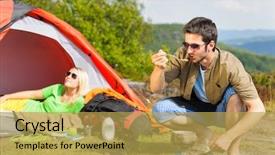  Presentation with big tent - Presentation theme enhanced with happy camping couple with tent background and a yellow colored foreground