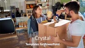  Presentation with cafeteria - Beautiful slides featuring couple-working-in-cafeteria-packing backdrop and a tawny brown colored foreground