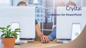  Presentation with holding hands - Audience pleasing PPT theme consisting of couple working on computers backdrop and a sky blue colored foreground