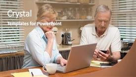  Presentation with active seniors senior couple - Colorful PPT theme enhanced with couple working out their bills backdrop and a coral colored foreground