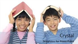  Presentation with young children - PPT layouts enhanced with couple young children holding book on head background and a light blue colored foreground