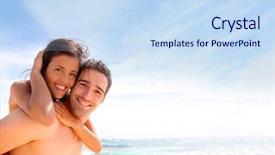  Presentation with welcome back handwriting - PPT theme having couples beach - portrait of man carrying girlfriend background and a sky blue colored foreground