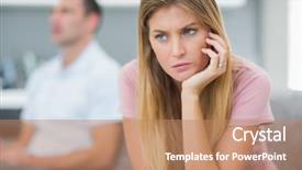  Presentation with woman fighting for her rights - PPT theme having couples disagreement - sad woman thinking on couch background and a coral colored foreground