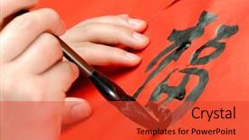  Presentation with brush - Colorful presentation enhanced with couplet is custom at chinese backdrop and a red colored foreground