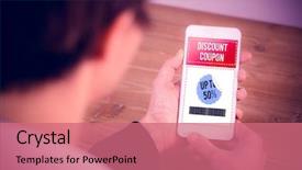  Presentation with coupon - Audience pleasing slides consisting of coupon - businesswoman using phone at desk backdrop and a coral colored foreground