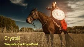  Presentation with epic - Presentation theme featuring courageous-woman-warrior-valkyrie-sits background and a tawny brown colored foreground