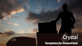  Presentation with blue orange - Beautiful slide set featuring courier man with cardboard boxes against blue and orange sky with clouds backdrop and a wine colored foreground