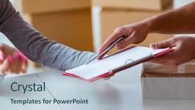  Presentation with box - Cool new slides with courier service - delivery man delivering parcel box backdrop and a lemonade colored foreground