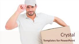  Presentation with courier delivery - Slide deck enhanced with courier service - delivery man with cardboard box background and a  colored foreground