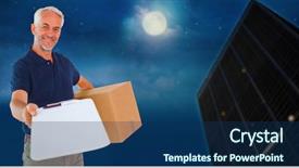  Presentation with happy sad face man - PPT theme having courier service - happy delivery man holding cardboard background and a navy blue colored foreground