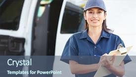  Presentation with driver - Cool new PPT theme with courier service - portrait of female delivery driver backdrop and a ocean colored foreground
