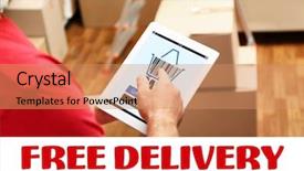  Presentation with courier delivery - PPT layouts featuring courier using tablet at warehouse background and a coral colored foreground