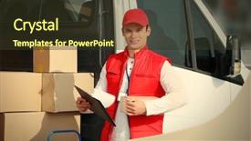  Presentation with delivery van - Slides having courier with clipboard near delivery background and a tawny brown colored foreground