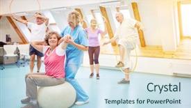  Presentation with course - Beautiful PPT theme featuring senior citizens do back training backdrop and a sky blue colored foreground