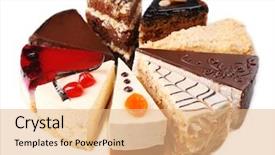  Presentation with banoffee pie cake on white - Colorful presentation theme enhanced with course pied - assortment of pieces of cake backdrop and a coral colored foreground