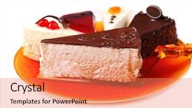  Presentation with banoffee pie cake on white - Audience pleasing PPT theme consisting of course pied - assortment of pieces of cake backdrop and a coral colored foreground