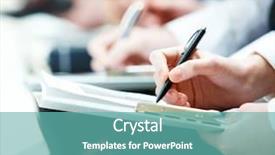  Presentation with business review - Slide deck enhanced with course review - close-up of business person hands background and a seafoam green colored foreground