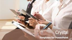  Presentation with writing - Audience pleasing theme consisting of course review - image of row of business backdrop and a coral colored foreground