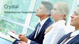  Presentation with review - Beautiful theme featuring course review - row of three smart employees backdrop and a cool aqua colored foreground