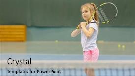  Presentation with young children - PPT layouts with court holding racquet in gym background and a  colored foreground