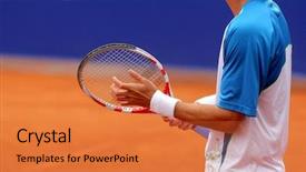  Presentation with tennis - Beautiful presentation theme featuring court sport - tennis player prepares to serve backdrop and a gold colored foreground