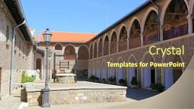  Presentation with monastery - Amazing PPT theme having courtyard-in-kykkos-monastery-trodos backdrop and a tawny brown colored foreground