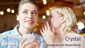  Presentation with breaking news of cancer - Colorful theme enhanced with cousin - young blonde whispering curious news backdrop and a coral colored foreground