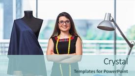  Presentation with clothing - Presentation theme consisting of couture - woman tailor working on new background and a light blue colored foreground