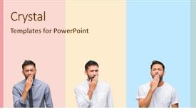  Presentation with woman covering man mouth hand - PPT layouts enhanced with cover - collage of handsome man background and a cream colored foreground