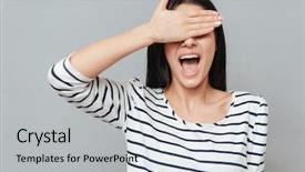  Presentation with woman praying over bible - PPT theme featuring cover - happy young woman standing background and a light gray colored foreground