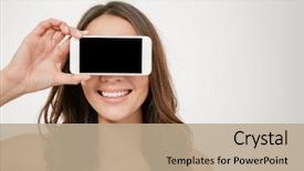  Presentation with blue eyes technology eye scan - PPT theme with cover - smiling brunette woman covering her background and a coral colored foreground