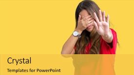  Presentation with woman sad - Beautiful presentation design featuring cover - young beautiful brunette woman wearing backdrop and a yellow colored foreground