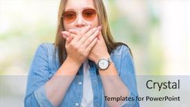  Presentation with secret - Slide set featuring cover - young beautiful caucasian woman wearing background and a light blue colored foreground