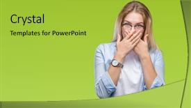  Presentation with secret - Presentation theme featuring cover - young caucasian business woman wearing background and a yellow colored foreground