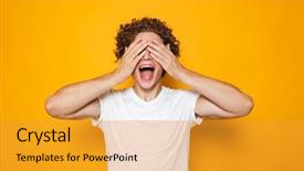  Presentation with curly hair - Amazing PPT layouts having cover - young happy man 20s backdrop and a gold colored foreground