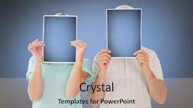  Presentation with faces - Presentation theme consisting of cover page - couple holding paper over their background and a coral colored foreground