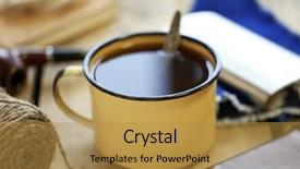  Presentation with wooden desk cup - Colorful presentation enhanced with cover tobacco - cup of strong coffee backdrop and a gold colored foreground